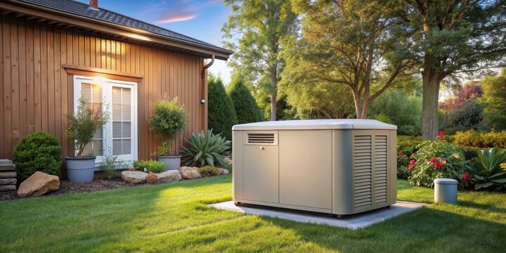 A home standby generator installed in a backyard with a shed and greenery nearby, outdoor, generator