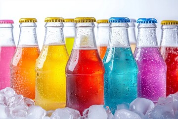 Colourful chilled soda drinks in unlabeled glass bottles standing in a metal container of crushed ice cubes for a summer party 