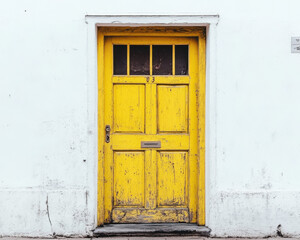 Vibrant Yellow Wooden Door with Vintage Appeal Against White Wall - Perfect for Architectural Design and Color Inspiration