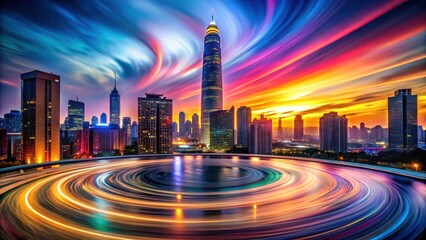 Swirling vortex of bright colors in a futuristic cityscape at dusk, dusk, motion,  dusk, motion