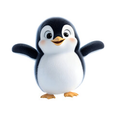 Fluffy 3D Cartoon Penguin Sliding on Ice Isolated on Transparent Background