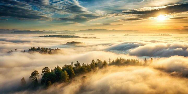 Dense fog rolling in over a serene landscape with clouds and misty atmosphere, mist, fog,  mist
