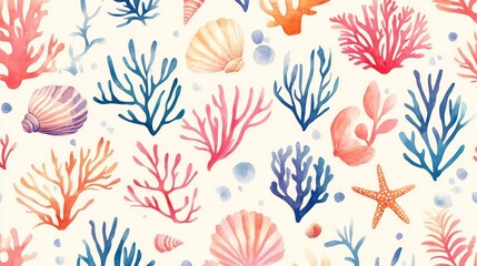 Watercolor coral reef seamless pattern background