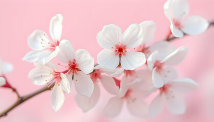 Cherry blossoms, delicate white petals, pink background, macro photography, soft focus, springtime, floral beauty, botanical illustration, pastel colors, branch detail, bloom cluster, feminine aesthet
