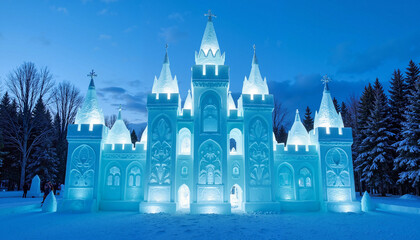 Ice castle illuminated at night in snowy landscape