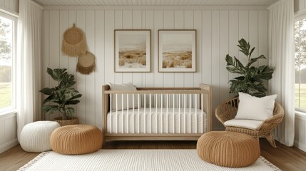 Coastal nursery room design, crib, plants