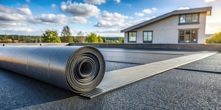 Flexible roll of EPDM rubber material unrolling on a modern asphalt shingle roof with sleek architectural lines and minimal overhangs , roofing material, epdm rubber
