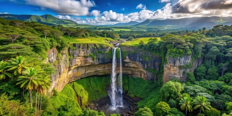Chamarel Waterfall Tropical Island Landscape, mountainous backdrop