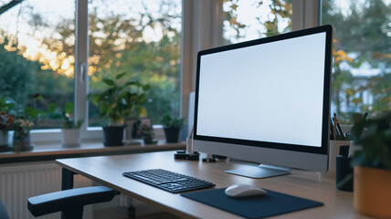 Fototapeta premium Modern Home Workspace: A sleek desktop computer with a blank screen sits on a minimalist light wood desk, surrounded by lush greenery and natural light streaming from large windows.