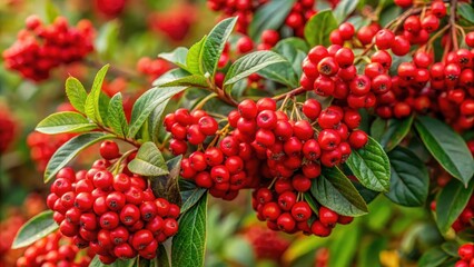 Dense clusters of bright red berries on a compact shrub with green, glossy leaves and woody stems in autumn landscape, woody stems, cotoneaster