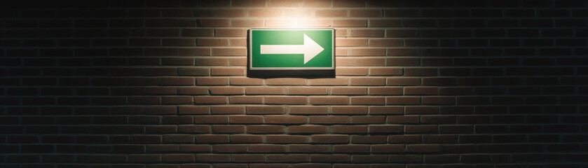 Obraz premium green emergency exit sign with arrow pointing right illuminates brick wall, providing clear guidance in dark environment