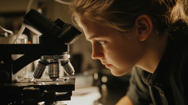 A close-up of a scientist using a high-powered microscope to examine a virus