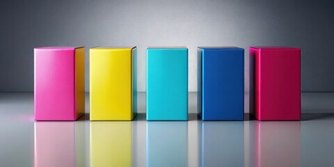 Colorful CMYK color model packaging boxes in a horizontal row on a gray background