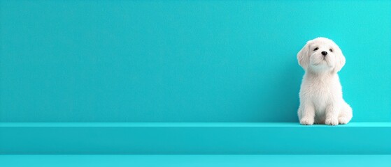 A cute puppy sits against a bright turquoise background, adding charm and warmth to any pet-themed collection.
