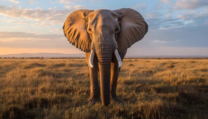 Fototapeta premium Majestic African Elephant at Sunset in Savannah Grassland