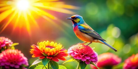 Colorful bird perched on a blooming flower in a vibrant garden