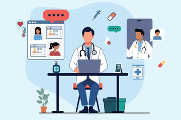 A doctor at a desk using a laptop, surrounded by virtual patient profiles, medical icons, and communication elements. Perfect for telemedicine, online healthcare, and digital medical services concepts