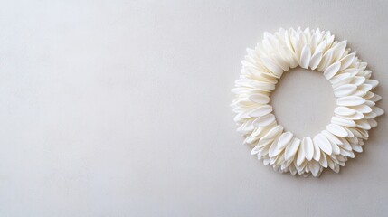 Obraz premium A minimalistic white flower wreath on a pale background, perfect for home decor or wedding inspiration.