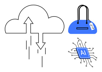 Cloud with arrows, AI chip with circuits, and blue handbag with tag. Ideal for tech, AI, cloud services, e-commerce, retail innovation marketing. Line metaphor