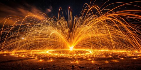Fiery sparks dancing across dark canvas, creating mesmerizing patterns of light and shadow , night scene, glow,  night scene, glow