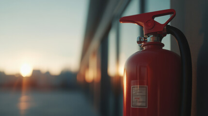 high tech fire extinguisher with advanced sensors stands against sunset backdrop, showcasing its modern design and functionality