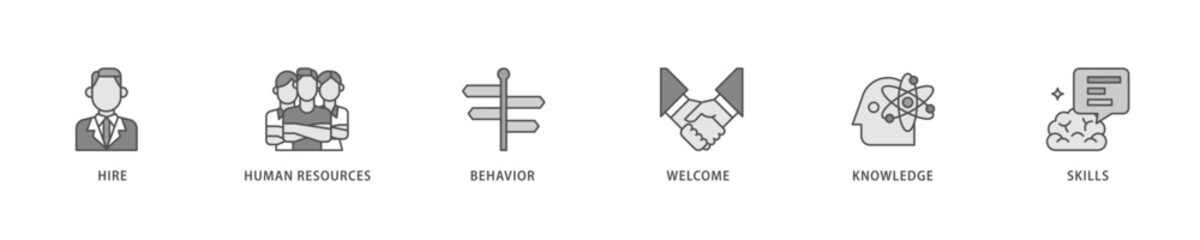 Onboarding icon set flow process which consists of behavior, welcome, knowledge, and skills  icon live stroke and easy to edit .