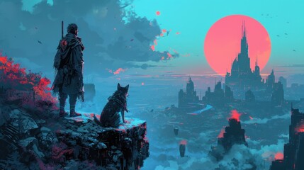 A female warrior and her dog look at a futuristic city from a cliff, embodying a sci-fi adventure and distant space.