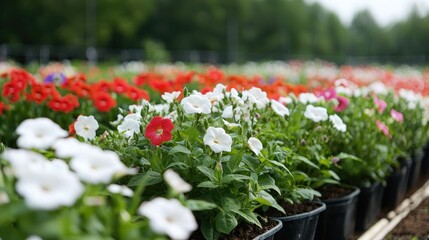 Fototapeta premium Colorful petunias in pots, nursery, summer