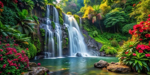 Obraz premium Waterfall cascading down a rocky cliff amidst dense green foliage and colorful tropical flowers, waterfall, nature