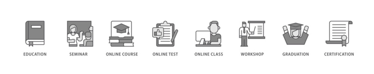 Online training icon set flow process which consists of education, seminar, online course, online test, online class, workshop, graduation, certification icon live stroke and easy to edit .