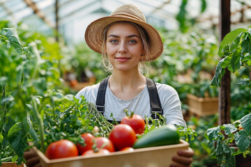 A proud gardener stands in a greenhouse holding freshly harvested vegetables