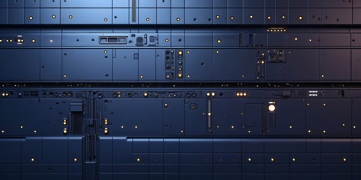 Futuristic metallic panel with intricate details and glowing lights in dark blue color