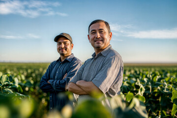 Two Farmers Standing Confidently in Green Field under Clear Sky