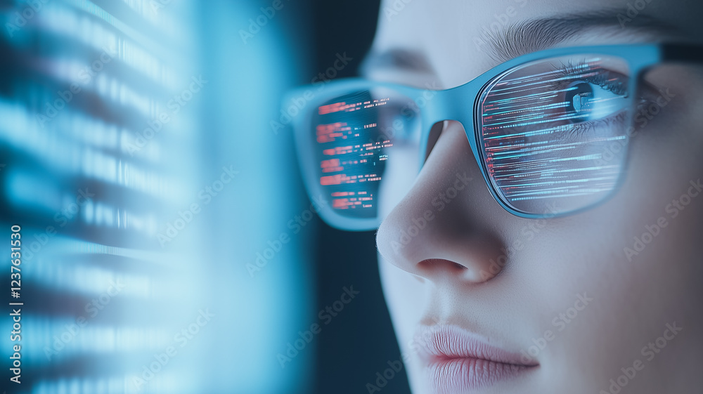 Aufkleber focused programmer: a close-up shot of a female programmer intensely focused on lines of code reflec