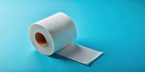 Obraz premium A single roll of toilet paper unrolled on a blue background, household items