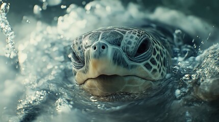 Fototapeta premium Close-up the face of a sea turtle that has just jumped into the water
