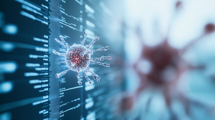 Digital Threat: A microscopic virus model hovers over a screen filled with digital code, a stark visual metaphor for the ongoing battle against cyber threats and security vulnerabilities. 
