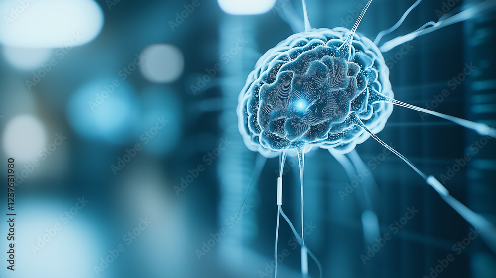 Poster neural network: abstract close-up of a translucent brain model, intricately detailed with glowing ne