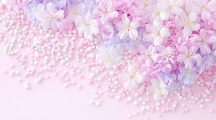 Fototapeta premium Pastel Flowers and Confetti Sprinkles on Pink Background