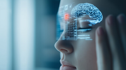 Mind's Eye:  A futuristic vision of a person contemplating data projected onto their face, showing a brain scan with a highlighted area, suggesting analysis or problem-solving.