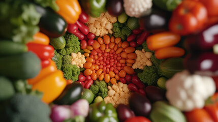 kaleidoscope of colorful vegetables arranged in circular pattern, showcasing vibrant hues of red, green, yellow, and orange. This visually stunning display highlights beauty of fresh produce