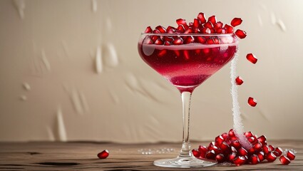 A champagne flute of Pomegranate Love Spritz shimmers with deep crimson hues, topped with glistening pomegranate seeds, against a rustic wooden table and soft, creamy background.