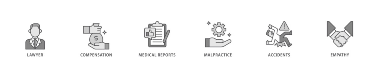 Personal injury law icon set flow process which consists of malpractice, empathy, accidents, medical reports, compensation, lawyer icon live stroke and easy to edit .