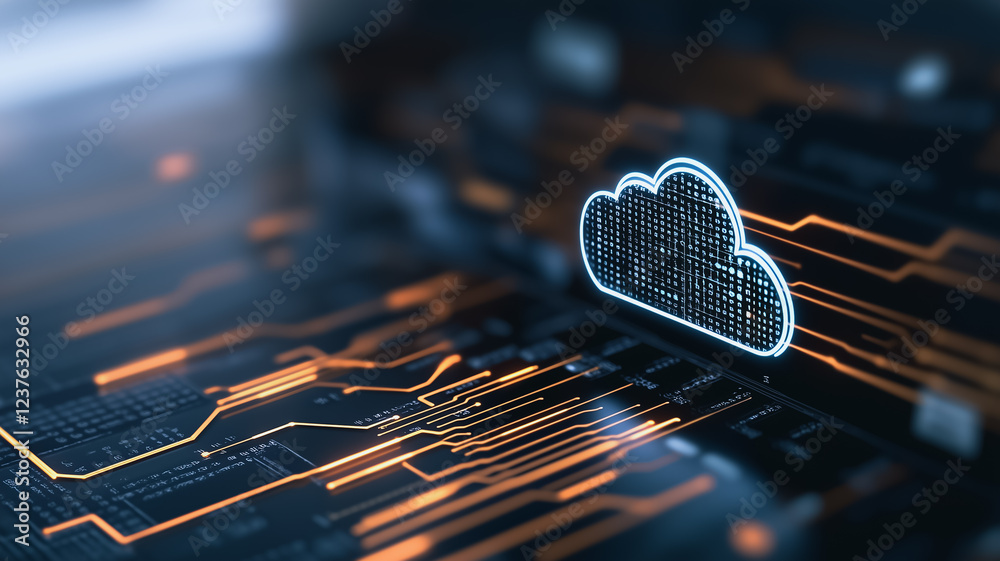 Poster cloud computing concept: abstract close-up of a digital cloud icon hovering over a complex circuit b