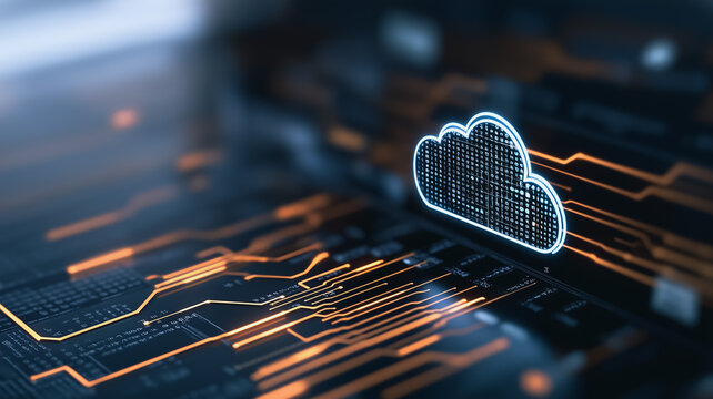 Cloud Computing Concept: Abstract close-up of a digital cloud icon hovering over a complex circuit board, symbolizing the power and connectivity of cloud computing technology.  