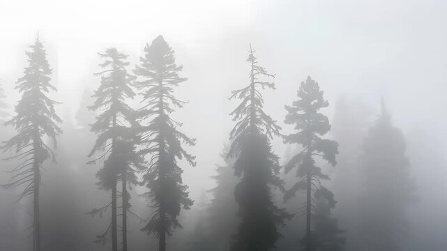 Foggy forest with tall pine trees creating a mysterious atmosphere.