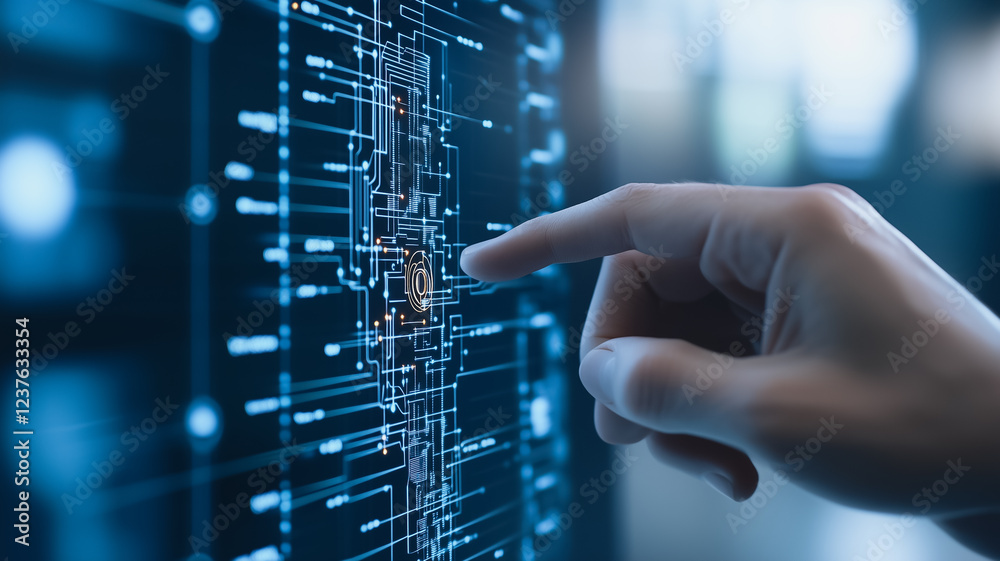 Poster interactive digital interface: a close-up shot of a hand interacting with a holographic digital inte
