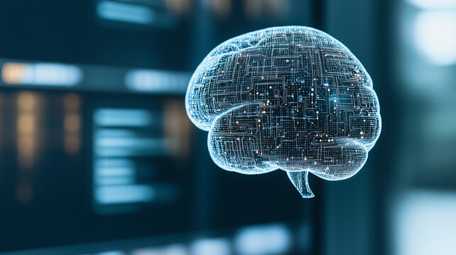 Digital Brainpower: A shimmering, translucent digital brain hovers against a backdrop of a data center's server racks.