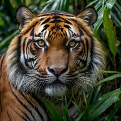 Fototapeta premium The Gaze of the Wild: Sumatran Tiger’s Intense Eyes Amid the Tropical Jungle