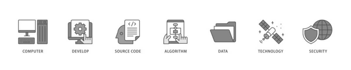 Programming icon set flow process which consists of computer, develop, source code, algorithm, data, technology and security icon live stroke and easy to edit .